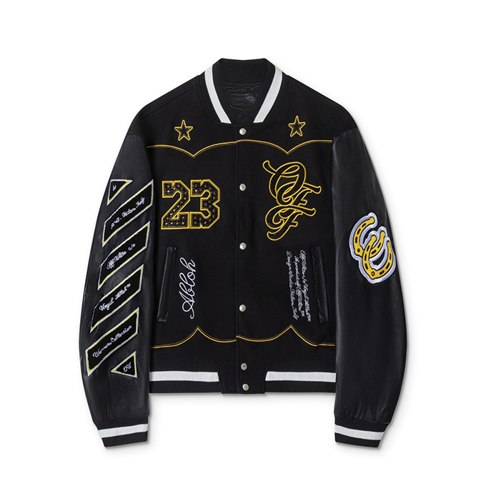 off white rhinestone embroidered leather panel varsity jacket